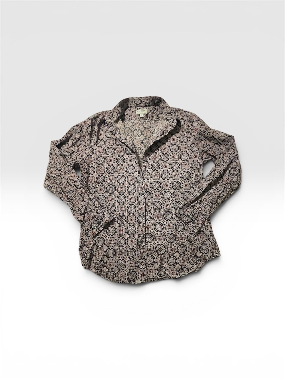 Button-Up Floral Medallion Print Shirt - Black & Cream